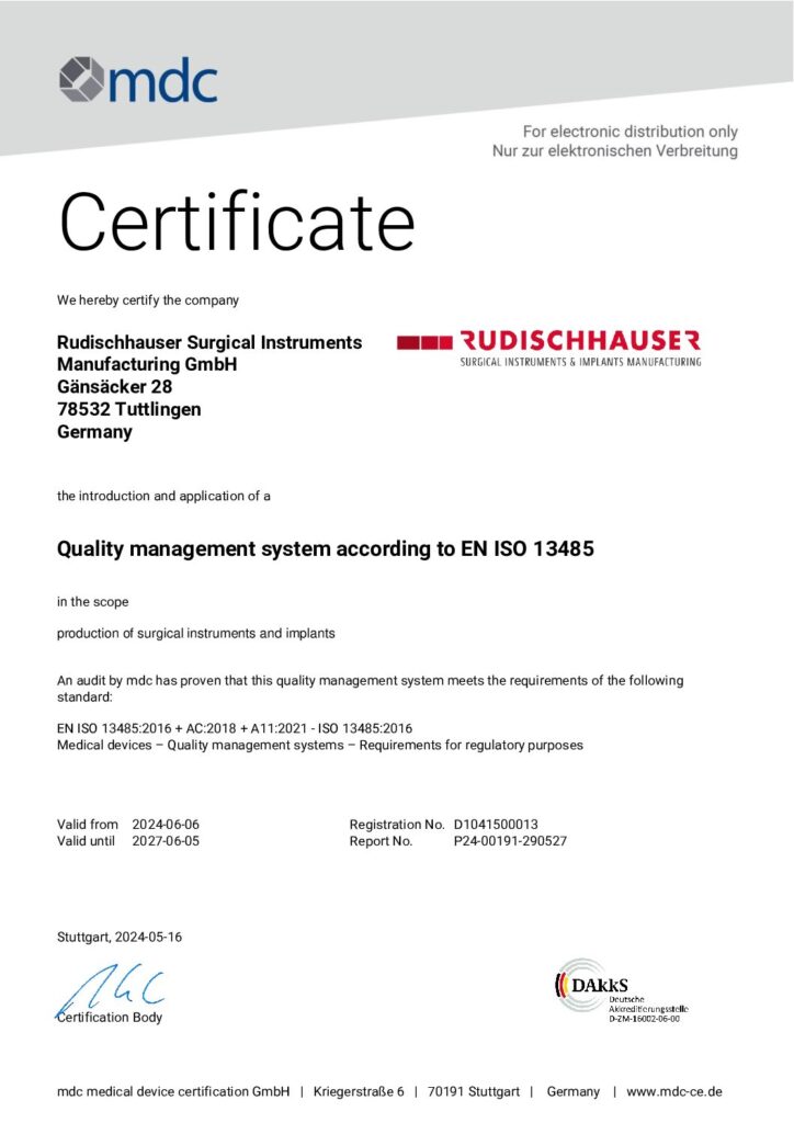 Zertifikat DIN EN ISO 13485 EN